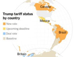 Dazi di Trump in vigore; Ucraina, cascata di vertici in vista 250807 - dazi - mappa - NYT