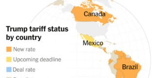 Dazi di Trump in vigore; Ucraina, cascata di vertici in vista 250807 - dazi - mappa - NYT