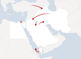Iran: Usa rispondono ad attacchi, conflitto si allarga; per il Congresso, estate calda 260730 - Iran - mappa - NYT